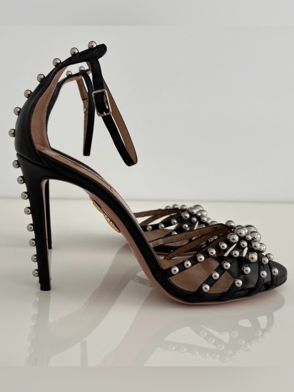 AQUAZZURA BLACK LEATHER SILVER STUDDED SANDALS SIZE IT 38 / US 8 - Picture 7 of 17